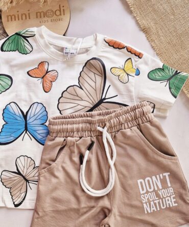 Komplet na lato beżowe motyle 3/4 do 9/10lat