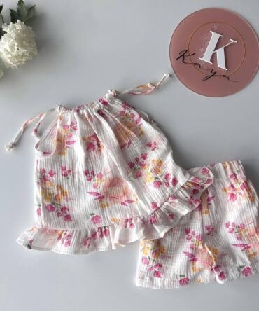 Komplet BOHO muślinowy różowe kwiaty 92-134 Kaya