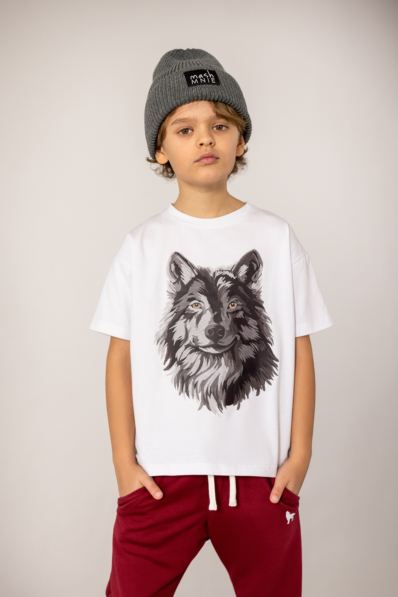 T-shirt UNI wolf biały 104/ 110 - 152/158 MashMnie - obrazek 3