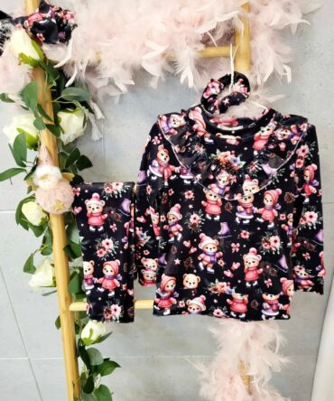 Komplet welurowy misie na czerni Haydi