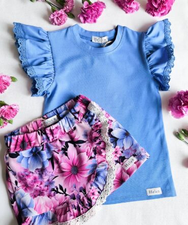 Bluzka dziewczęca wachlarz niebieska z koronką Helen