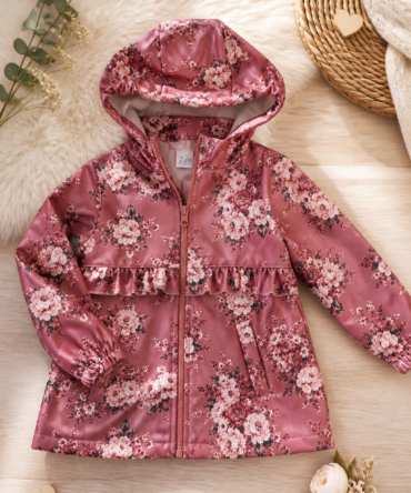 Kurtka dziewczęca softshell w kwiaty na rubinowej czekoladzie tle Zula handmade