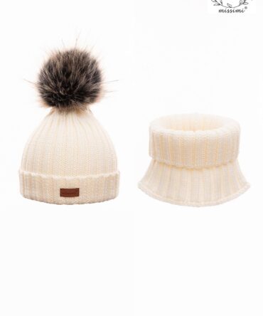 KOMPLET CZAPKA + KOMIN wełna MERINO ecru Missimi